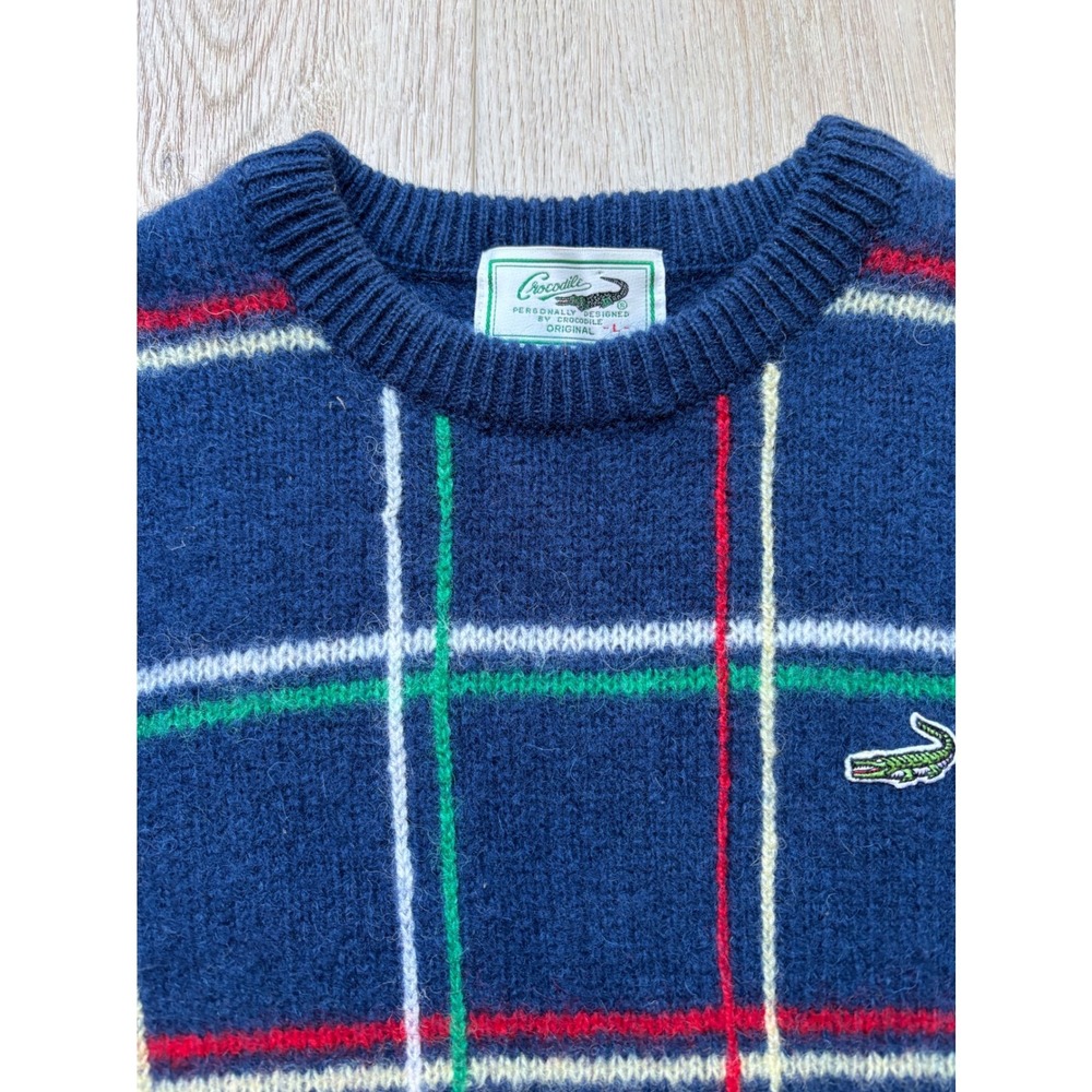 Vintage Crocodile Original Navy Blue 100% Wool Windowpane Plaid Crewneck Sweater - Picture 3 of 10